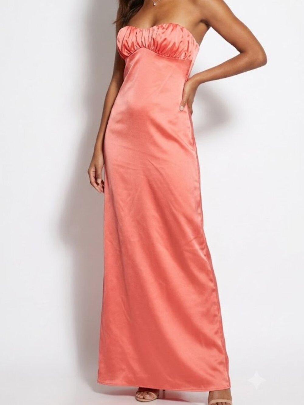 Peppermayo Coral Pink Satin Strapless Empire Ruched Bust Column Maxi Dress US 2